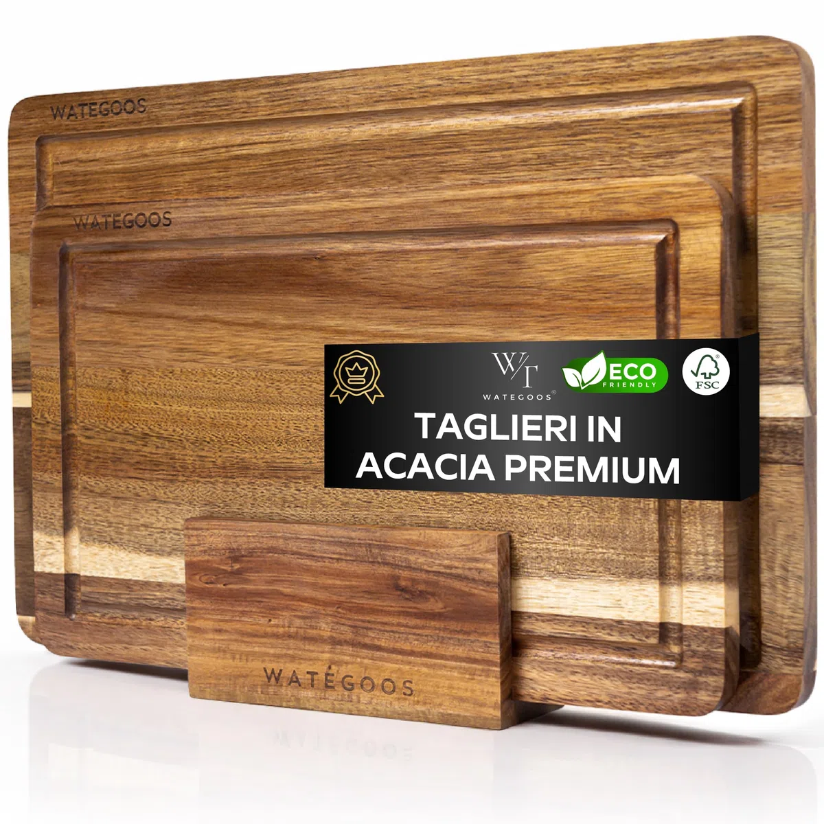 Set Taglieri da Cucina in Legno di Acacia - 2 Taglieri con Supporto - Tagliere in legno Grande e Piccolo, Resistente ed Ecologico