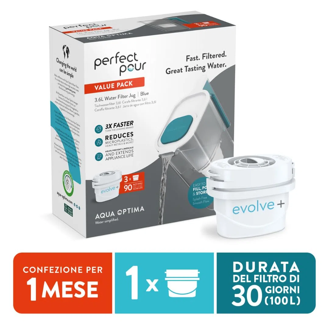Aqua Optima Perfect Pour Caraffa Filtro Acqua e Cartucce Filtro Acqua 1 x 30 Giorni Evolve+, capacità 3,6 litri, per Riduzione di Microplastiche, Cloro, Calcare e Impurità, Blu