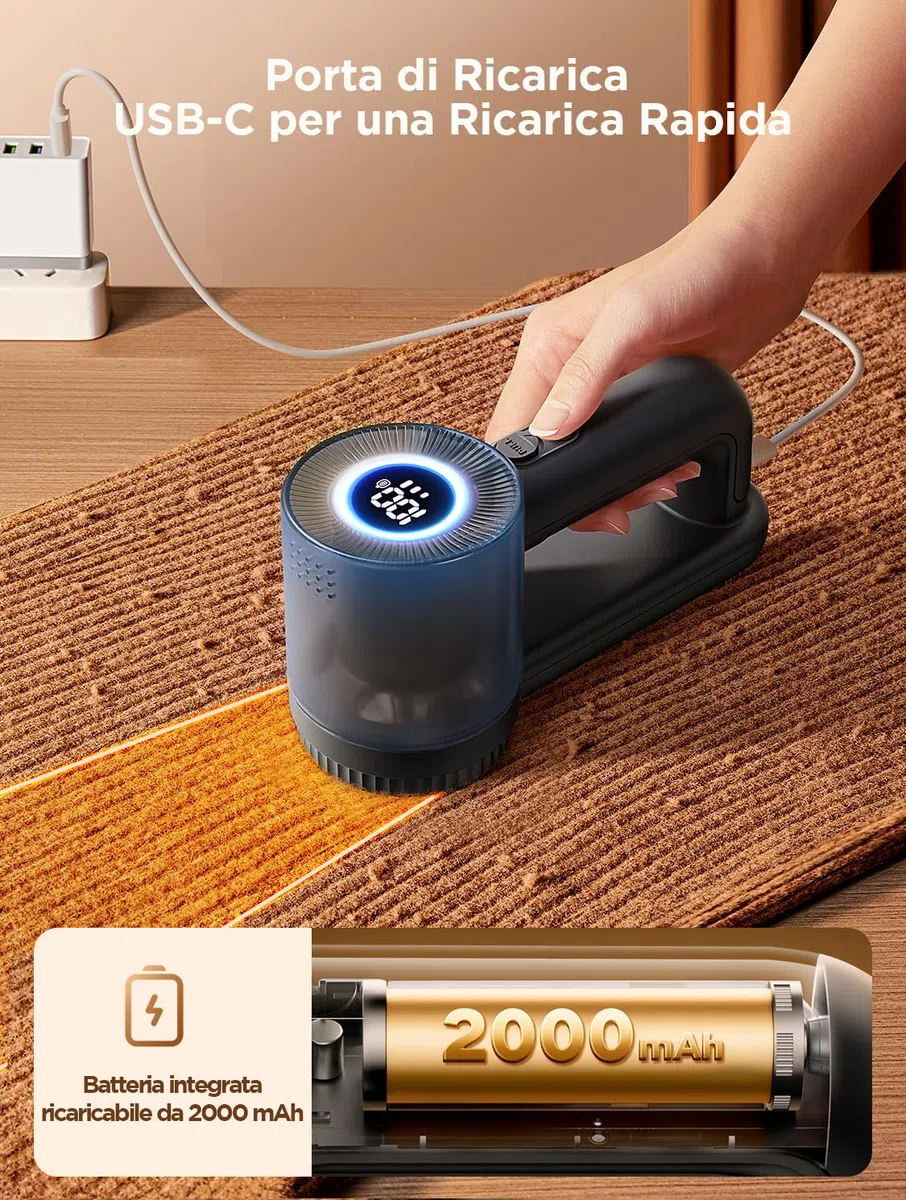 Levapelucchi Elettrico, 2 in 1 Togli Pelucchi Elettrico con Spazzola Anti Pelucchi, 2000 mAh Batteria Ricaricabile Integrata, 2 Lame Sostituibili, 3 Velocità Regolabili, Display LED, Cavo USB-C
