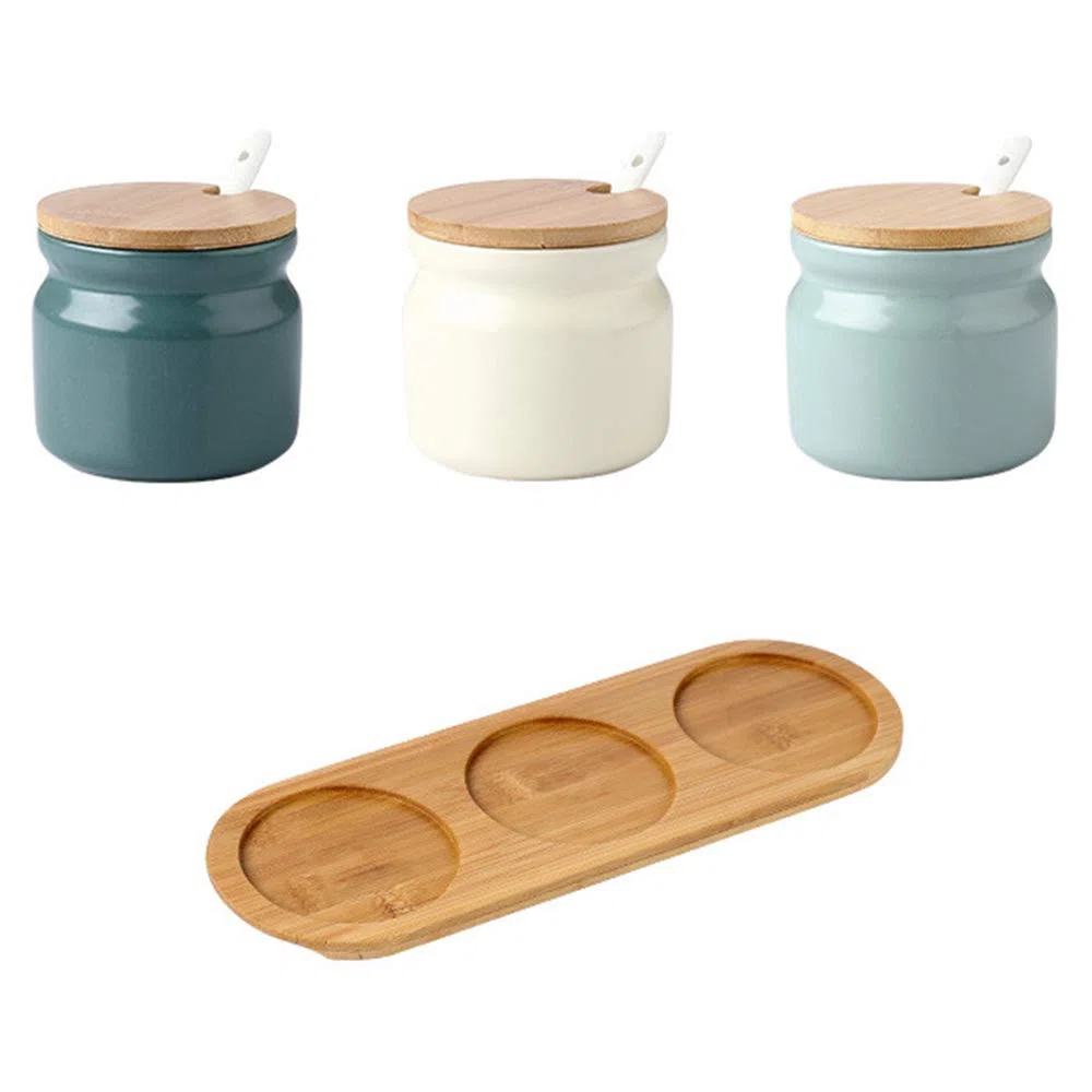 Set di 3 Zuccheriera in Ceramica, 300ml Contenitore per spezie barattoli spezie Rotonda con Coperchio e Cucchiaio, per Casa e Cucina
