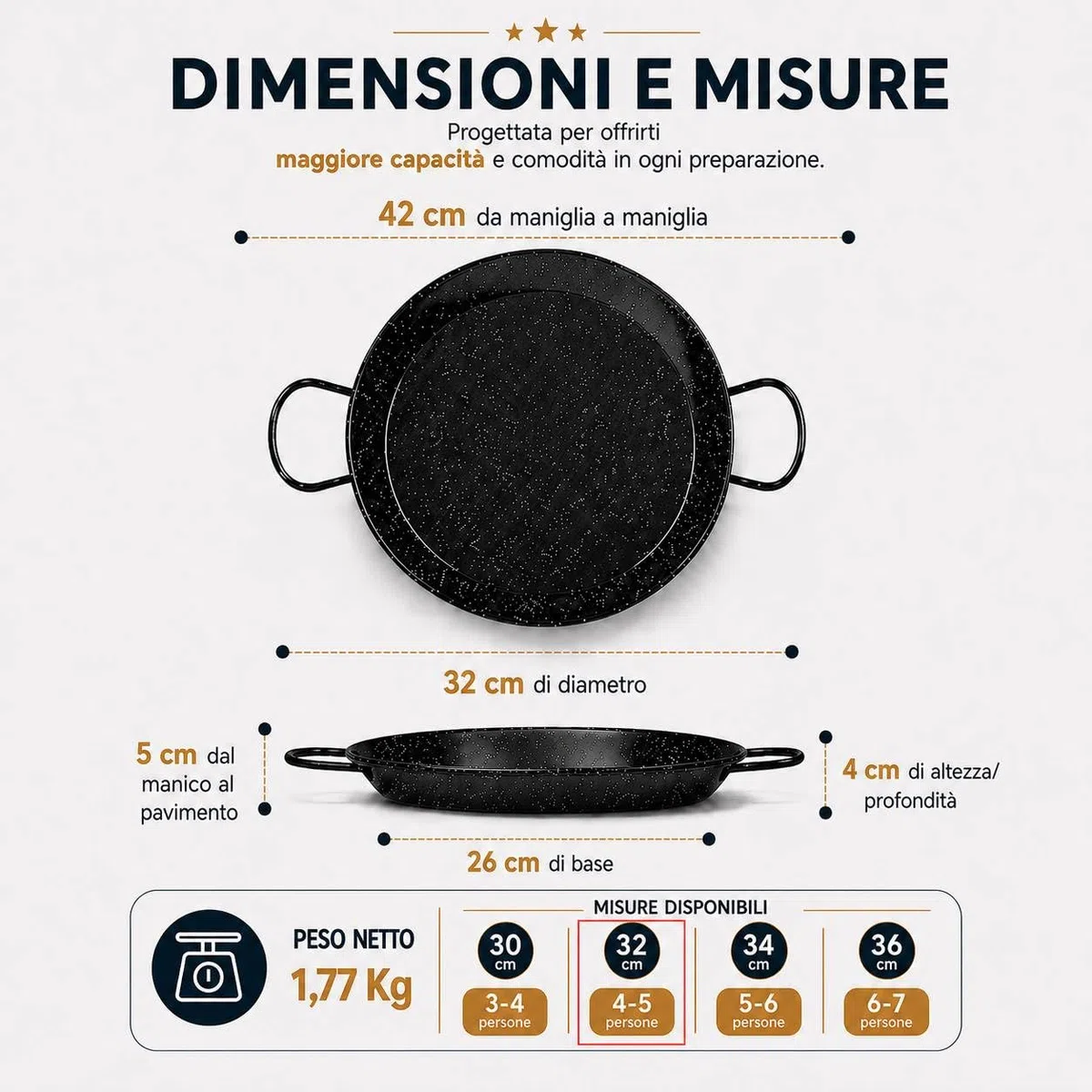 TEHORNEO Padella per Paella, Paellera Induzione 32 cm Acciaio Smaltato 4-5 porzioni, Paellera, Padella Paella, Pentola per Paella, Pentola Paella, Paella