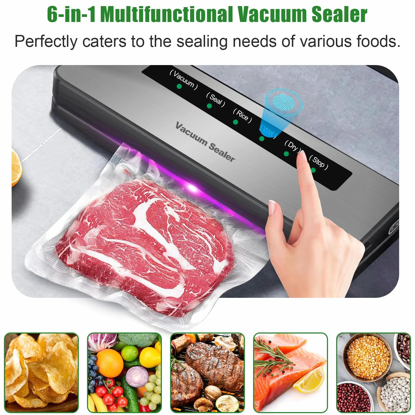 6 in 1 Macchina Sottovuoto per Alimenti, Automatica Sigillatrice Macchina Sottovuoto Alimenti Secchi che Umidi, Vacuum Sealer con 20 Sachetti Sottovuoto e Tubo Sottovuoto