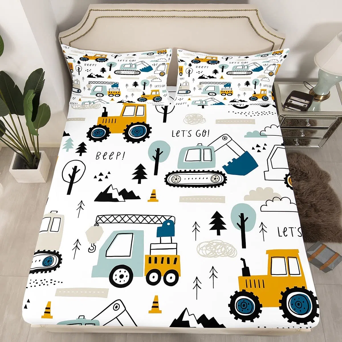 Loussiesd Set Lenzuola con Angoli Elasticizzati per Auto 140x200cm per Bambini Ragazzi Lenzuolo con Angoli Elasticizzati BAU Motivo Escavatore Gru Trattore Lenzuolo con Angoli Elasticizzati per