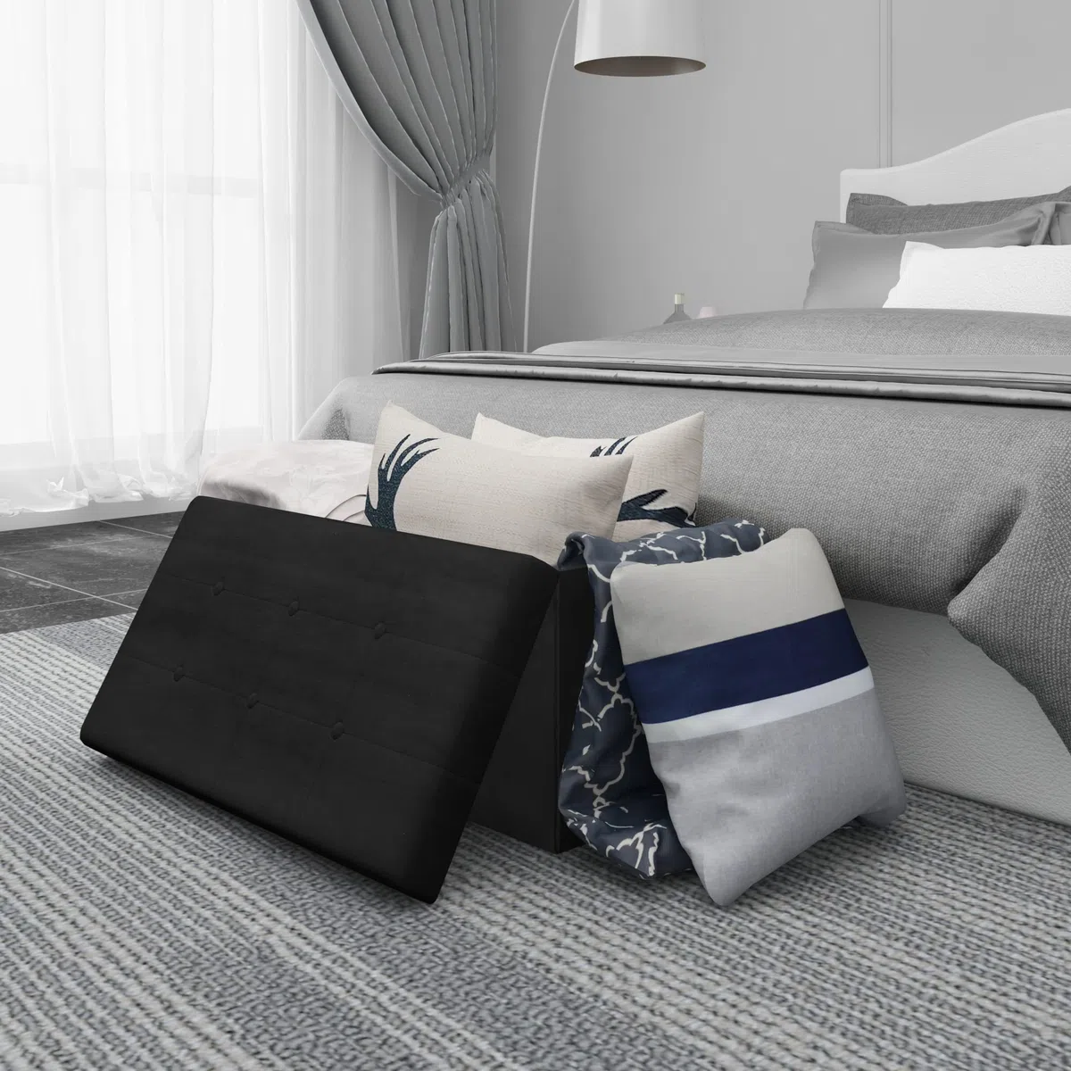 WOLTU Panche Contenitore per Ingresso Cassapanca Pieghevole Ottomane in Velluto, Max Portata Statica di 300 kg, 80 L, 76x37,5x38 cm Nero