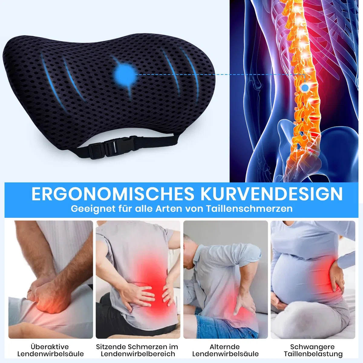 Cuscino Lombare per Auto,Cuscino Posteriore in Memory Foam per Seggiolino,Cuscino di Supporto Lombare Regolabile,Ridurre La Pressione Lombare per la Casa,Ufficio,Auto (Blu navy)