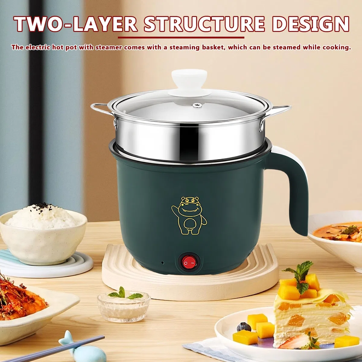 BORDEAG Mini fornello antiaderente, 1.8 l, pentola elettrica, pentola portatile, mini fornello portatile per bistecca, pasta, uova, Avena, Ramen, con vapore, verde