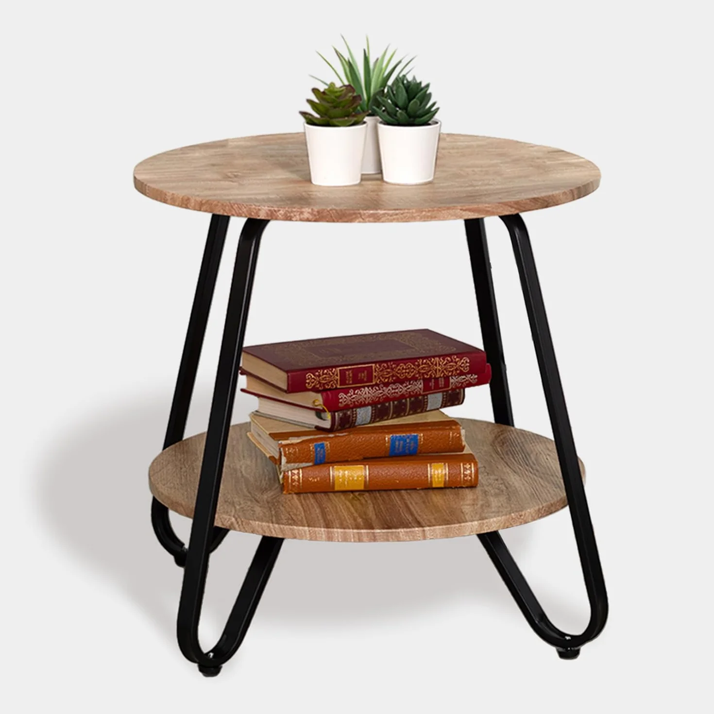 MEUBLE COSY Tavolino da caffè Rotondo Comodino con Ripiano per Soggiorno Camera da Letto, Design Scandinavo, Struttura in Metallo, Legno ingegnerizzato, Marrone Chiaro e Noir, 46x46x45cm