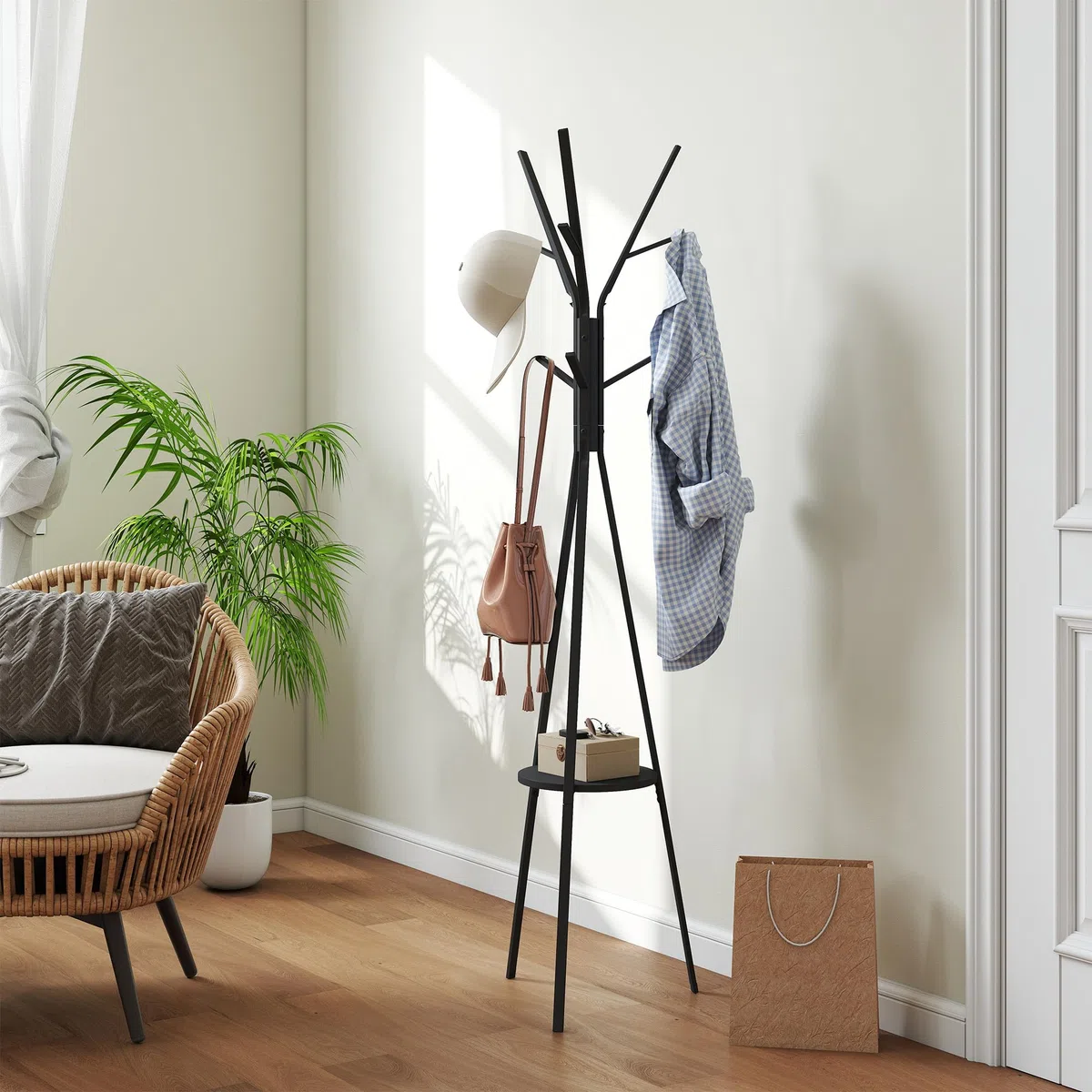 HOMCOM Appendiabiti da Terra di Design, Appendiabiti Verticale Moderno, Attaccapanni da Terra, per Ingresso, Elegante, 3 Aste, 9 Ganci, 45x45x180cm, Nero