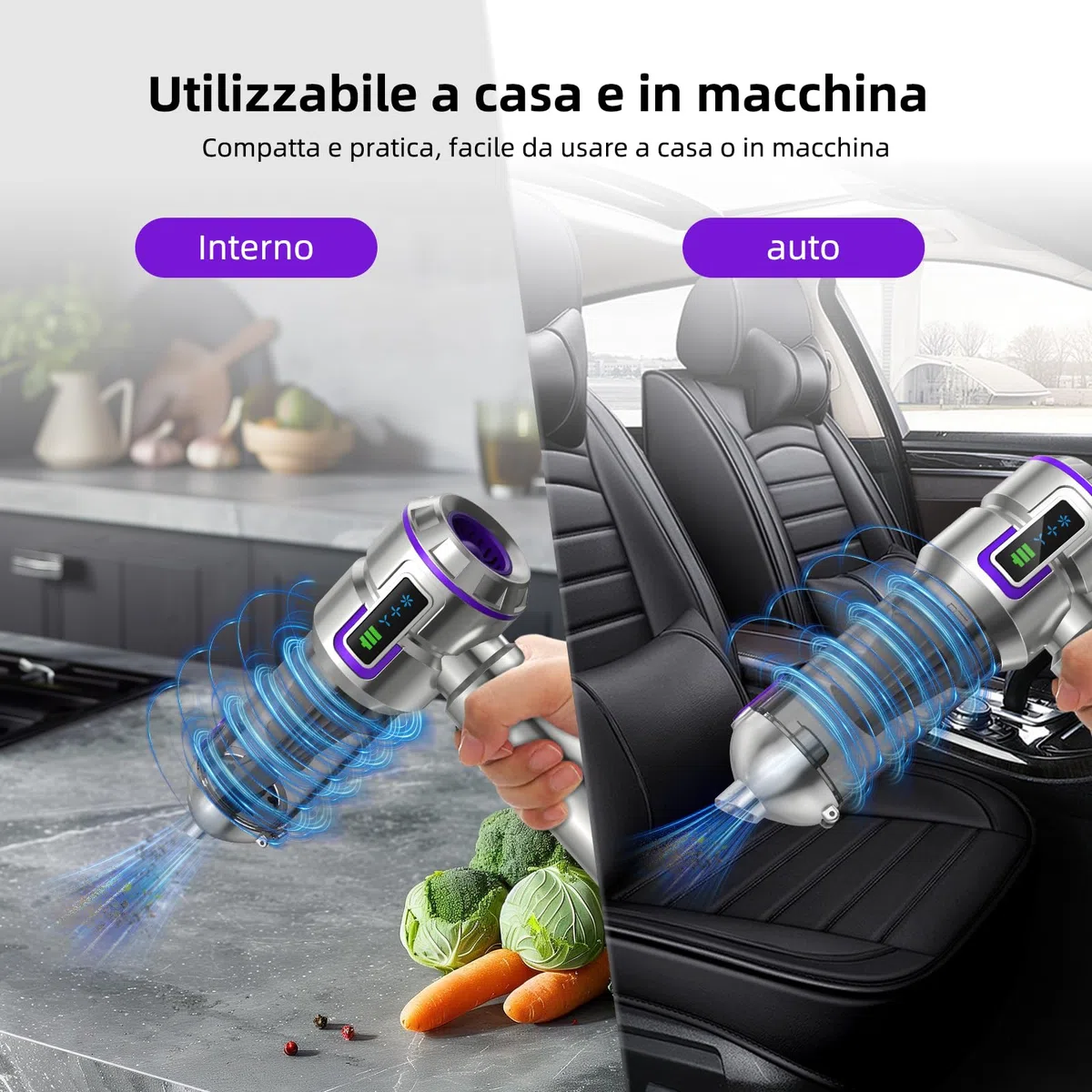 Aspirabriciole Senza Fili, 25000Pa 4-in-1 Aspirapolvere Auto Cordless con Schermo, One-Touch Dust Dump con 3 Velocità Motore Brushless, Mini Aspirapolvere per Casa, Ufficio, Auto, Capelli, Argento