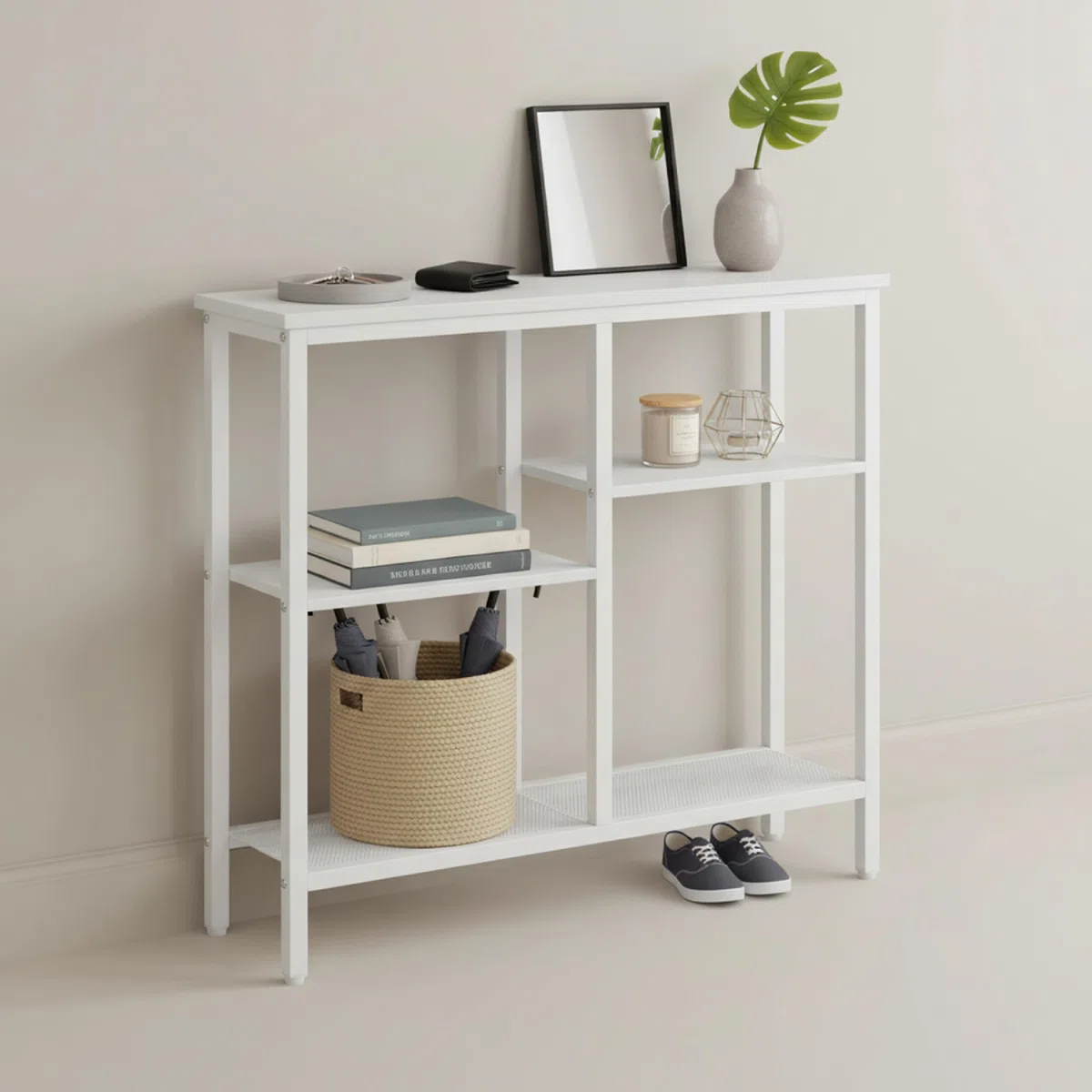 Baroni Home Consolle Ingresso, Tavolo Consolle con Struttura in Metallo Bianca e 4 Ripiani in MDF, Mobile Salvaspazio per Ingresso, Soggiorno e Corridoio, Facile da Montare, 22x75x76 cm