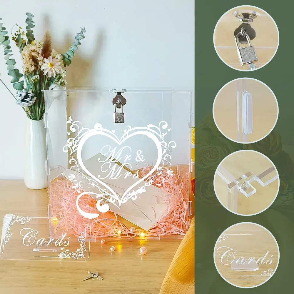 Jolik Grande Acrilico Scatola di Carta di Nozze Con Serratura e Slot per Buste Regalo - per Matrimonio, Anniversario, Festa di Compleanno (Trasparente)