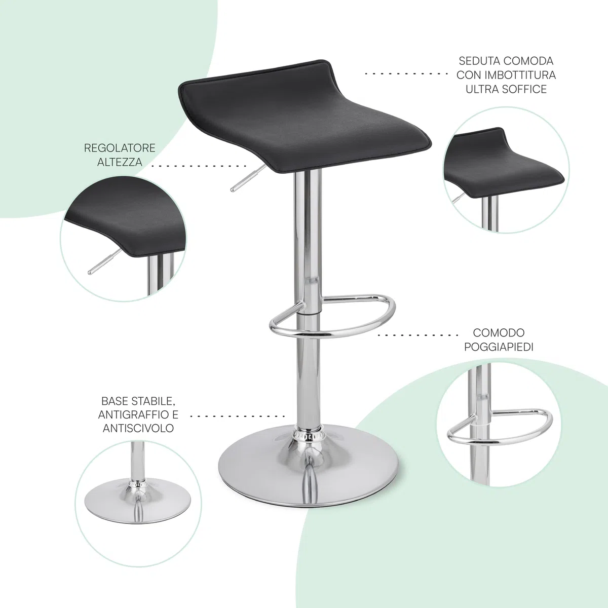 Baroni Home Sgabello Bar Girevole con Altezza Regolabile, Base Cromata con Poggiapiedi e Fondo Antigraffio, Sgabello Cucina, Ristorante, Penisola, Facile da Montare, 38x45x59-79 cm Nero, 1 Pezzo