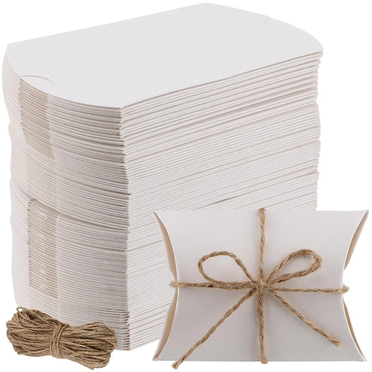 150 scatole per cuscini piccole, 9x6,5 cm, carta kraft bianca, confezione regalo con 150 corde iuta 60 cm, scatola pieghevole