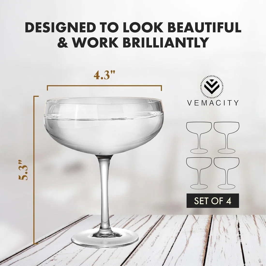 VEMACITY Set di 4 Eleganti Bicchieri Cocktail Coupe Fatti a Mano | Bicchieri da Bar di Qualità | Set Bicchiere Champagne d'Epoca | Ideali per Martini Espresso | Ideale per Fare un Regalo