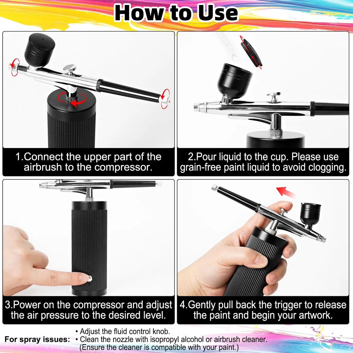 Kit Aerografo con Compressore, Aerografo Portatile Senza Fili, Multifunzione Airbrush ad Alta Pressione, Ricaricabile, Per Nail Art, Trucco, Pittura e Modellismo (Nero)