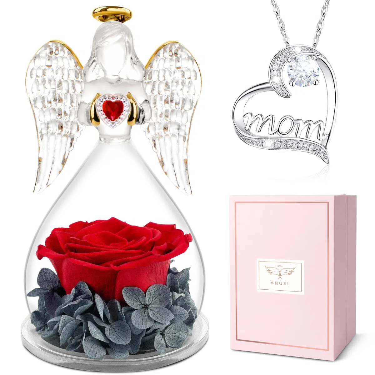 Miofula Regali Festa della Mamma,Rosa Eterna Figurine Angelo con Collana Argento 925,Rosa Stabilizzata Regalo Mamma Compleanno,Festa della Mamma Idee Regalo Mamma Nonna,Fiori Stabilizzati Regalo Donna