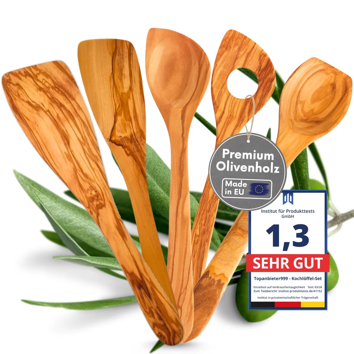 Utensile da cucina in legno d'ulivo, set di cucchiai da insalata, cucchiaio da miele, macinasale o pepe (set da 5 pezzi)
