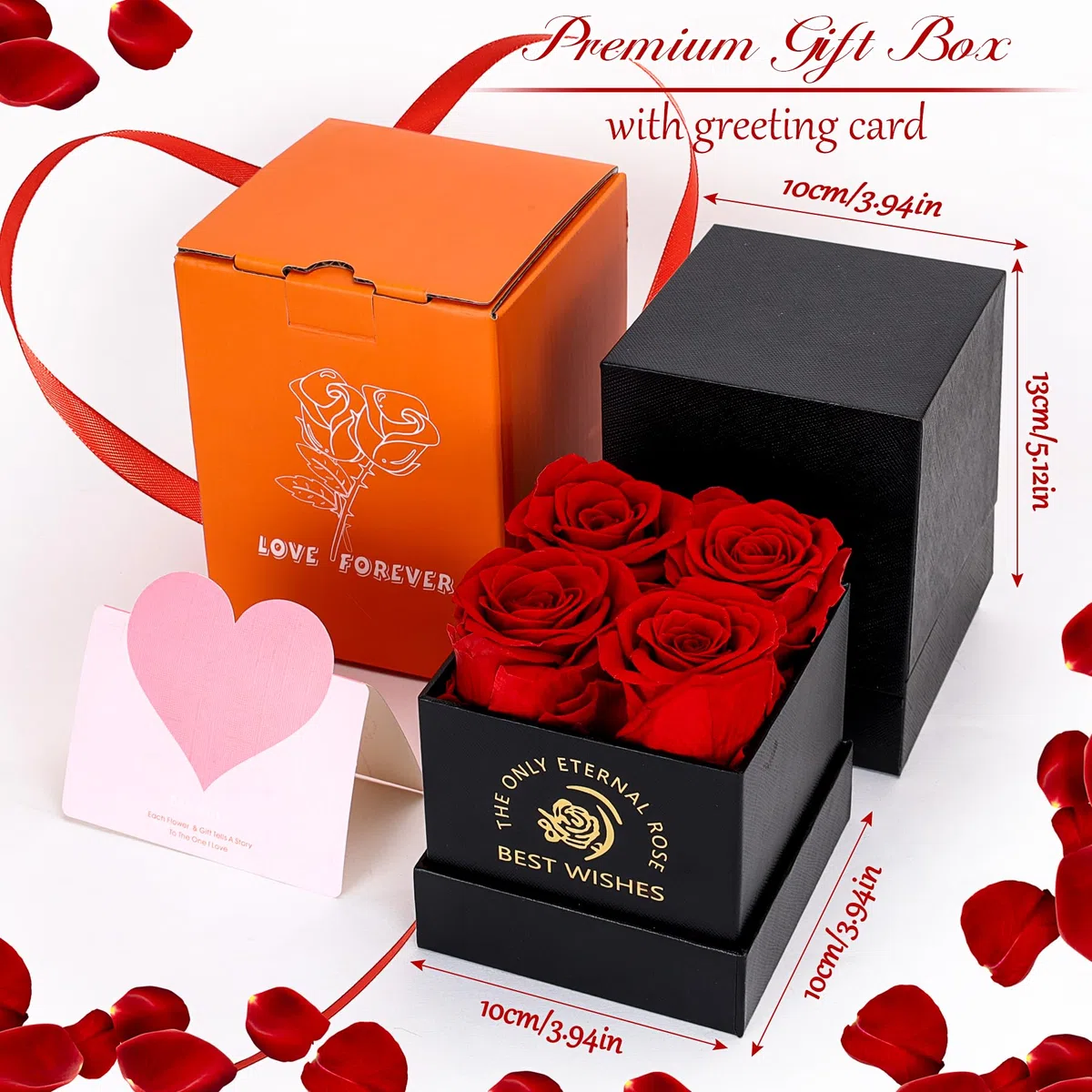 Confezione Regalo con Rosa Eterna, 4 Rose Eterne Rosse Fiore San Valentino Festa della Mamma Anniversario Regali di Compleanno Romantici per Moglie Sorella Mamma Donne