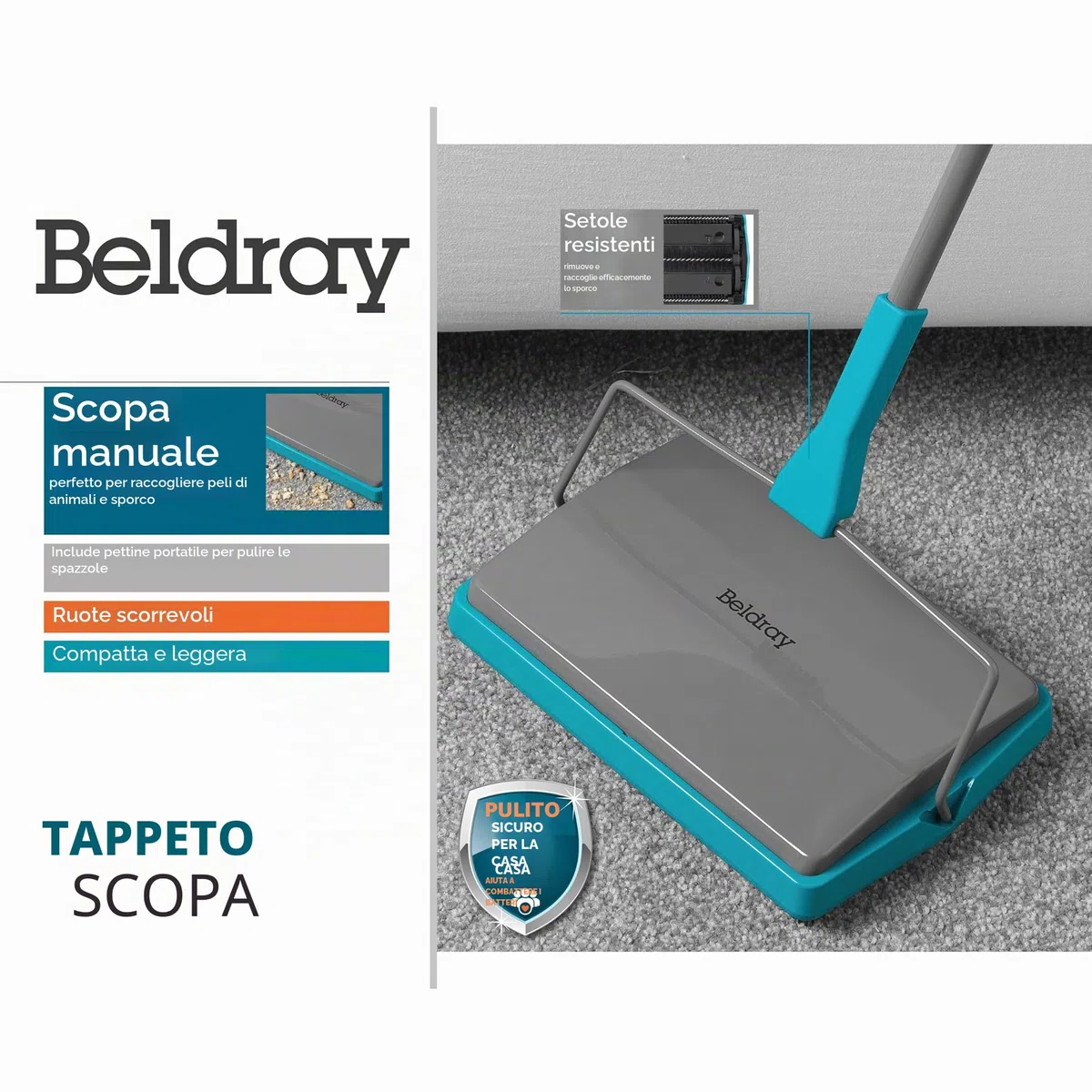 Beldray LA024855TQ Spazzatrice manuale per tappeti con pettine a spazzola, perfetta per raccogliere capelli, sporcizia, Ewbank, raccoglie briciole, peli di animali domestici, Facile svuotare, Turchese