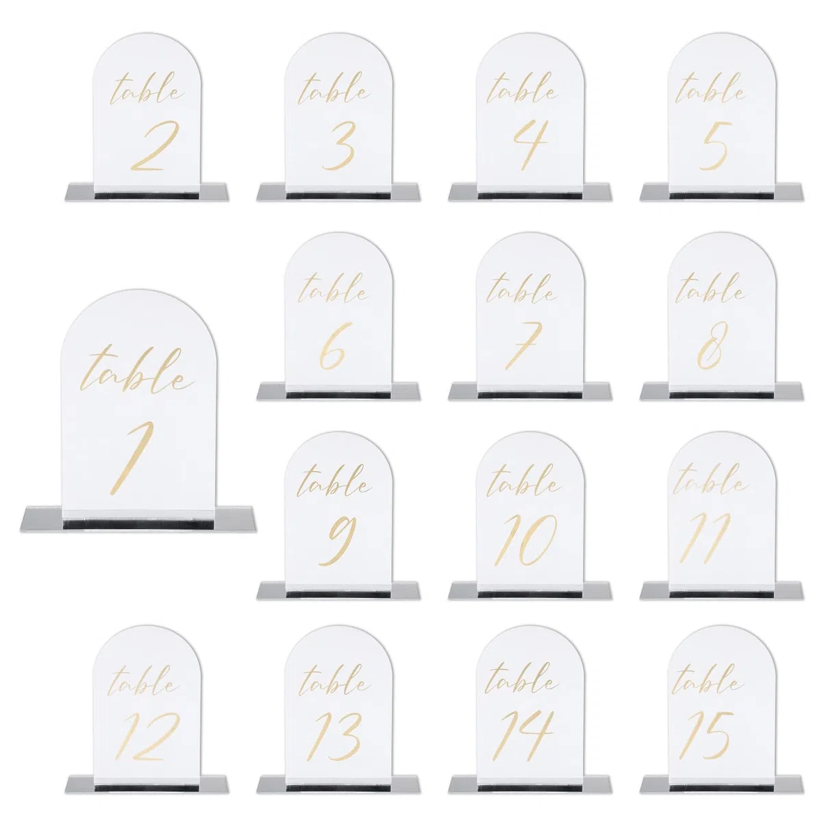 PATIKIL Numero Tavolo Matrimonio 1-15, Segnaletica in Acrilico 6"x4" con Supporto per Matrimoni Ricevimenti con Stand Feste Eventi Centrotavola, Sfondo a Specchio a Doppia Faccia Testo Oro