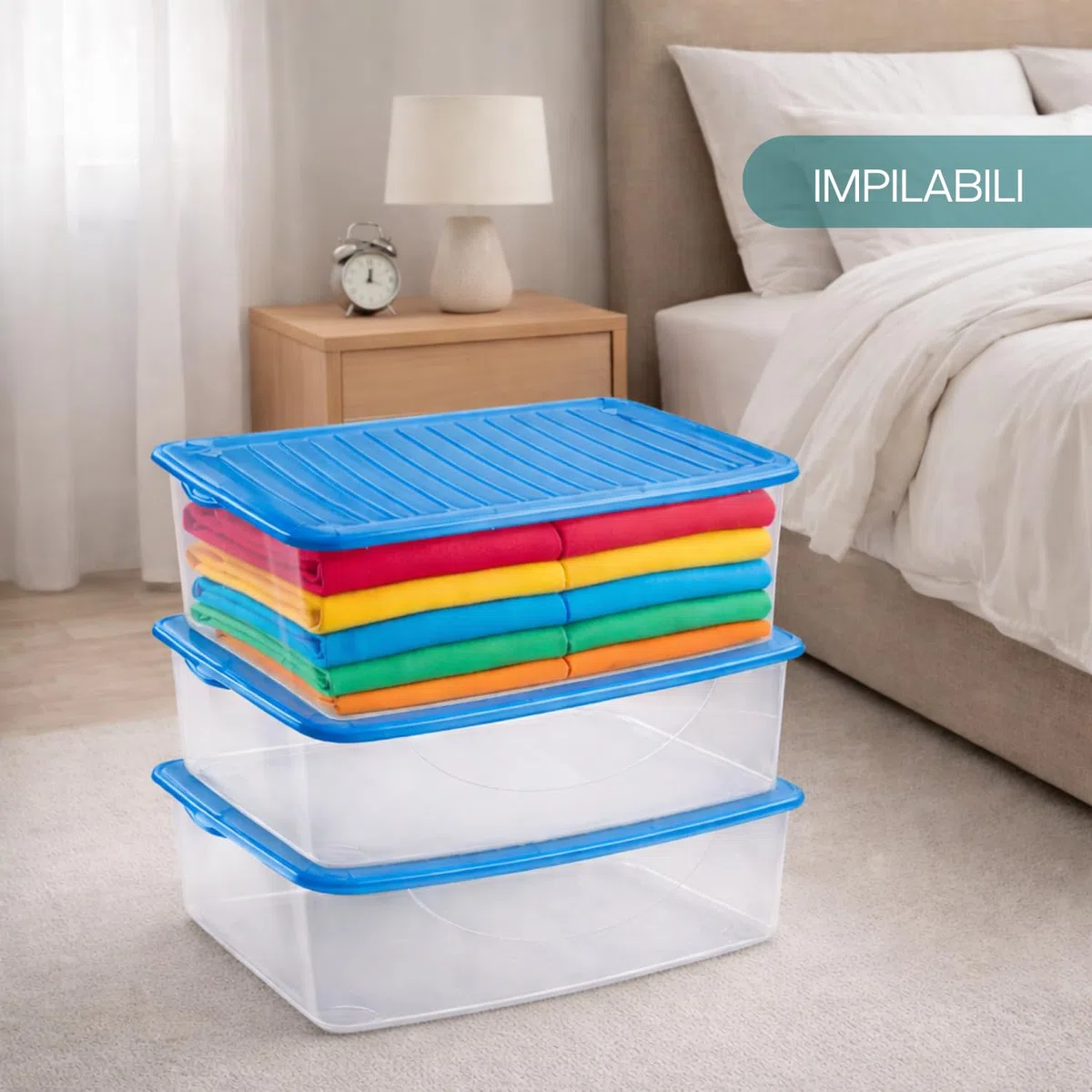 PALUPLUS 3 Contenitori Portabiancheria, misura 60x40x17 cm e capacità 27 Lt, Box Trasparente con Coperchio, Organizer salvaspazio per Scarpe, Vestiti, Giocattoli -1125 (Blu)