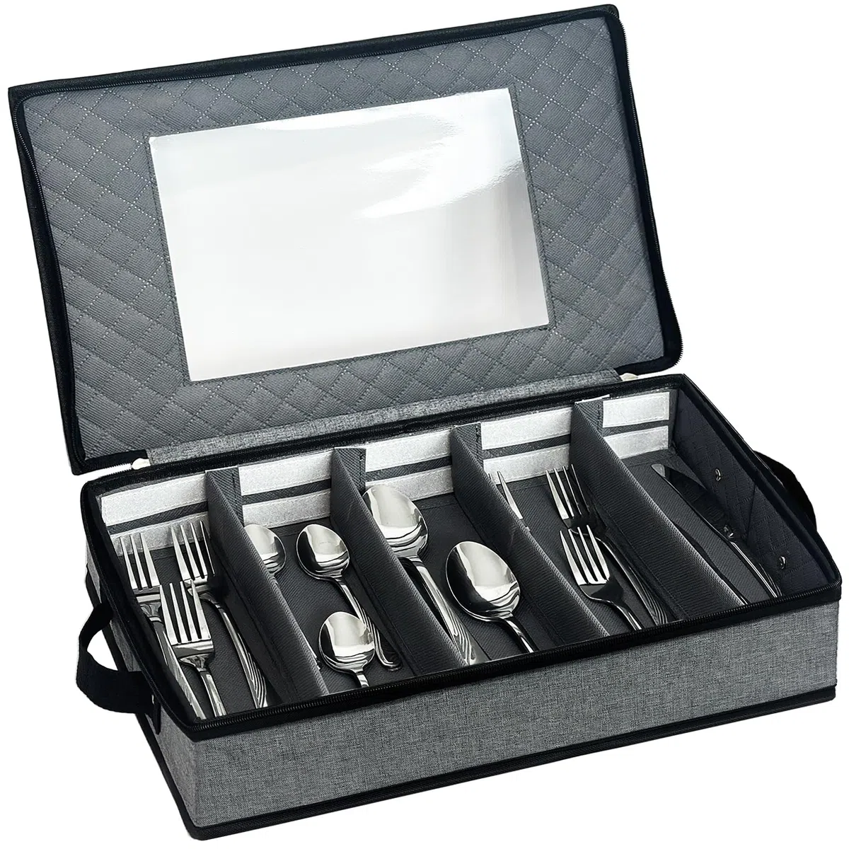 Custodia per posate e utensili, scatola per posate con divisori, portaposate a 5 scomparti con coperchio rimovibile, manici per coltelli (grigio chiaro)