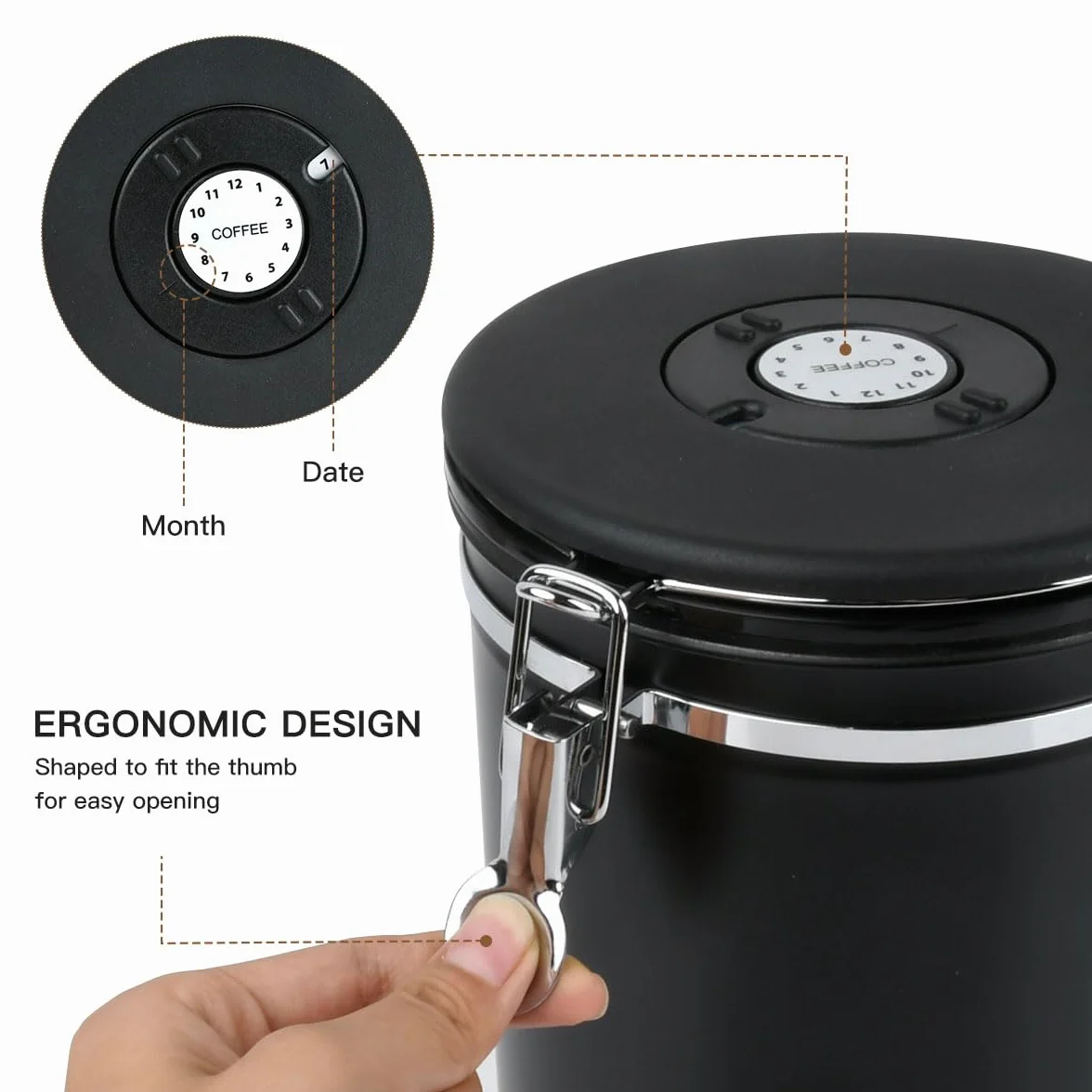 Inossidabile 304 Contenitore per Caffè, Barattolo Caffè Ermetico con Cucchiaio, Contenitore per Chicchi di Caffè, Barattolo Caffe Ermetico 2,8L, Chicchi di Caffè, Tè e Noci - Nero