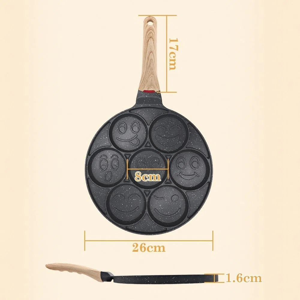 Padella Pancake Induzione Smile, Pancake Piastra Smiley Antiaderente 7 Fori Padella Frittata Piatto Colazione per Bambini 26 cm - Nero