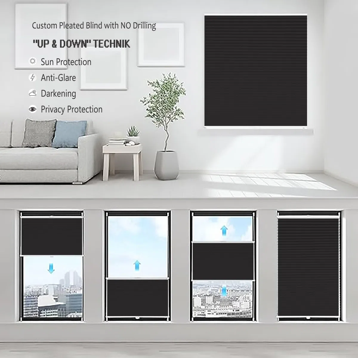 Tende plissettate, Tenda Plissettata, 30 x 140 cm protezione da sole e sguardi indiscreti, Tenda Plissettata per lucernario Parti per Il Montaggio Incluse, per tutte le finestre interne, Nero
