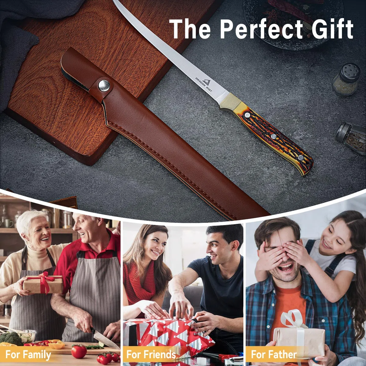 DRAGON RIOT Coltello Per Sfilettare Il Pesce, 18.5cm Coltello Da Pesce In Acciaio Inox Con Impugnatura Antiscivolo, Coltello Da Pesca Professionale Molto Affilato, Coltello Da Carne Per Il Pesce