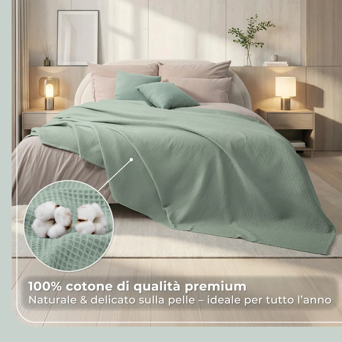 LAYNENBURG Copriletto 150 x 200 cm - Waffle Pique 100% Cotone - Coperta Estiva Leggera - Coperta di Cotone Come Coperta da Letto, Coperta da Divano, Coperta ariosa da Divano (Verde menta)