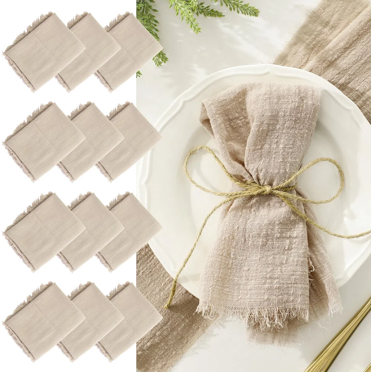 LALAGO 12pcs Tovaglioli Stoffa 45x45cm, Tovaglioli di Stoffa con Frange, Tovaglioli di Lino Cotone Lavabili Riutilizzabili per Matrimoni, Hotel, Ristoranti, Eventi e Feste Beige