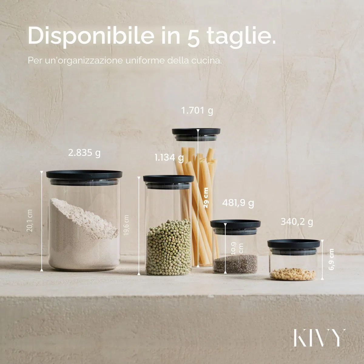 KIVY Barattoli in Vetro Ermetici [3x 1200ml] - Contenitori per Pasta e Spaghetti - Barattolo Grande per Cucina