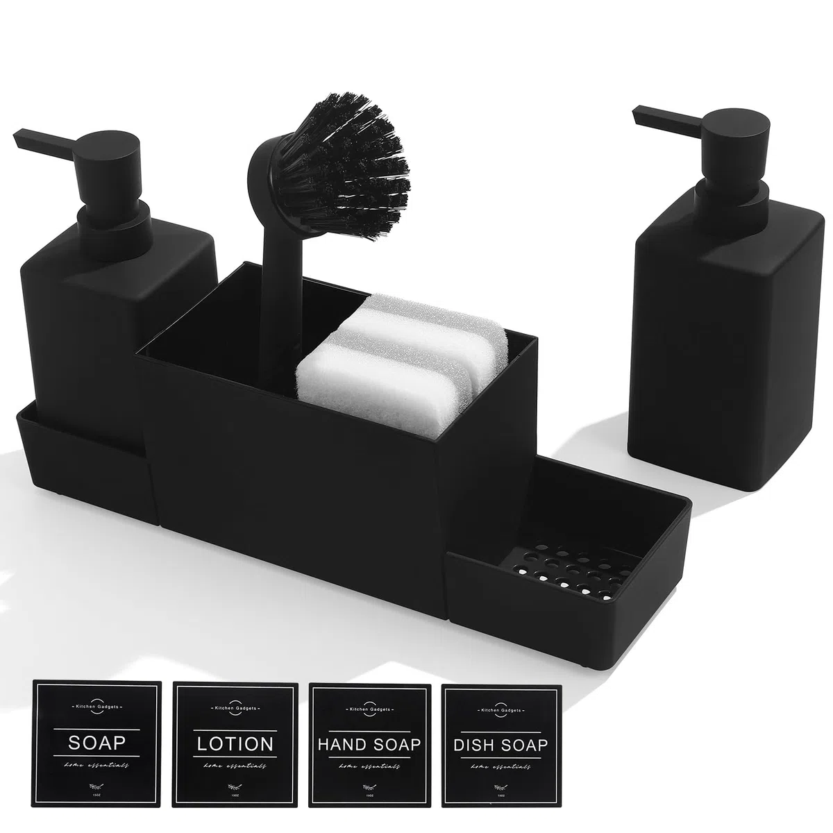 Dispenser Sapone Cucina, Set di Dispenser Detersivo Piatti Ricaricabile, Tutto in 1 Porta Sapone Cucina con Spugna e Spazzola, Organizer Lavello Cucina (Nero, 4 in 1)