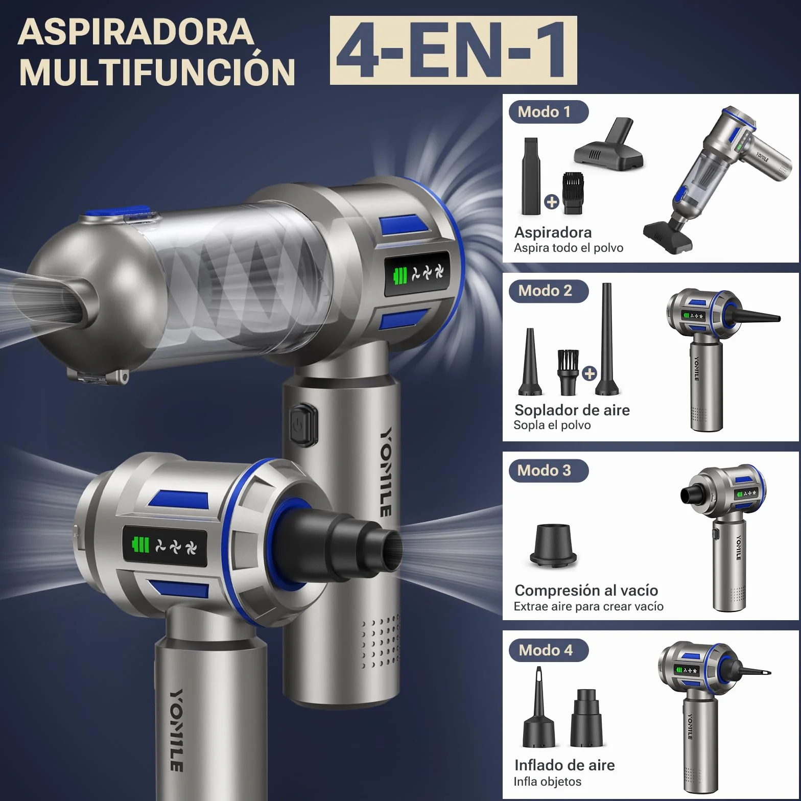 Yomile Aspirabriciole Senza Fili, 27000PA 4 in 1 Aspirapolvere per Auto Portatile,Aspiratore e Soffiatore con Motore Brushless Mini Aspirabriciole Senza Fili Potente per Auto Casa (AD10, 27000)