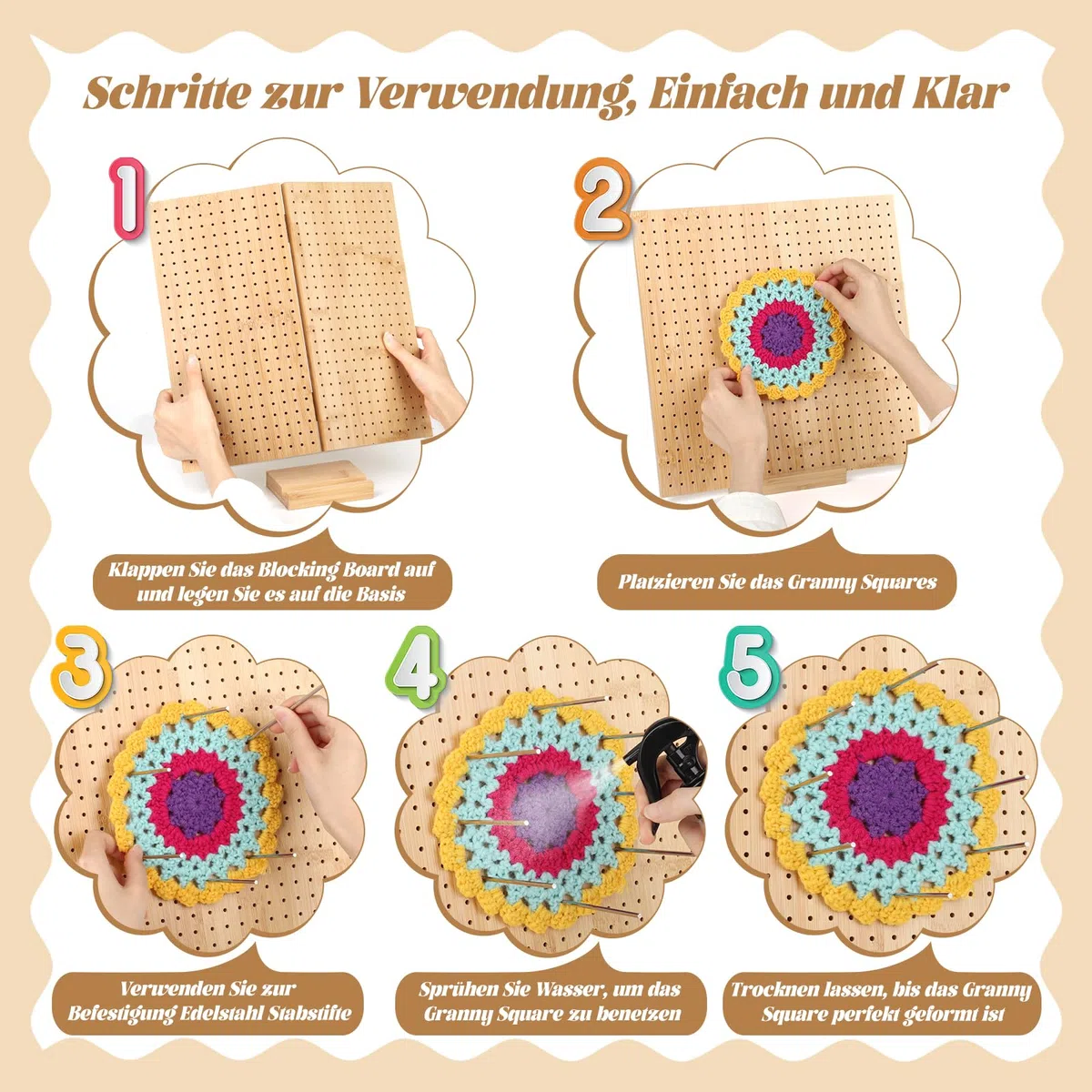 Coopay Granny Square Tenditore grande, 33 x 33 cm, con 30 perni in acciaio inox, pieghevole, in bambù, per lavori a maglia e all'uncinetto, 33 cm