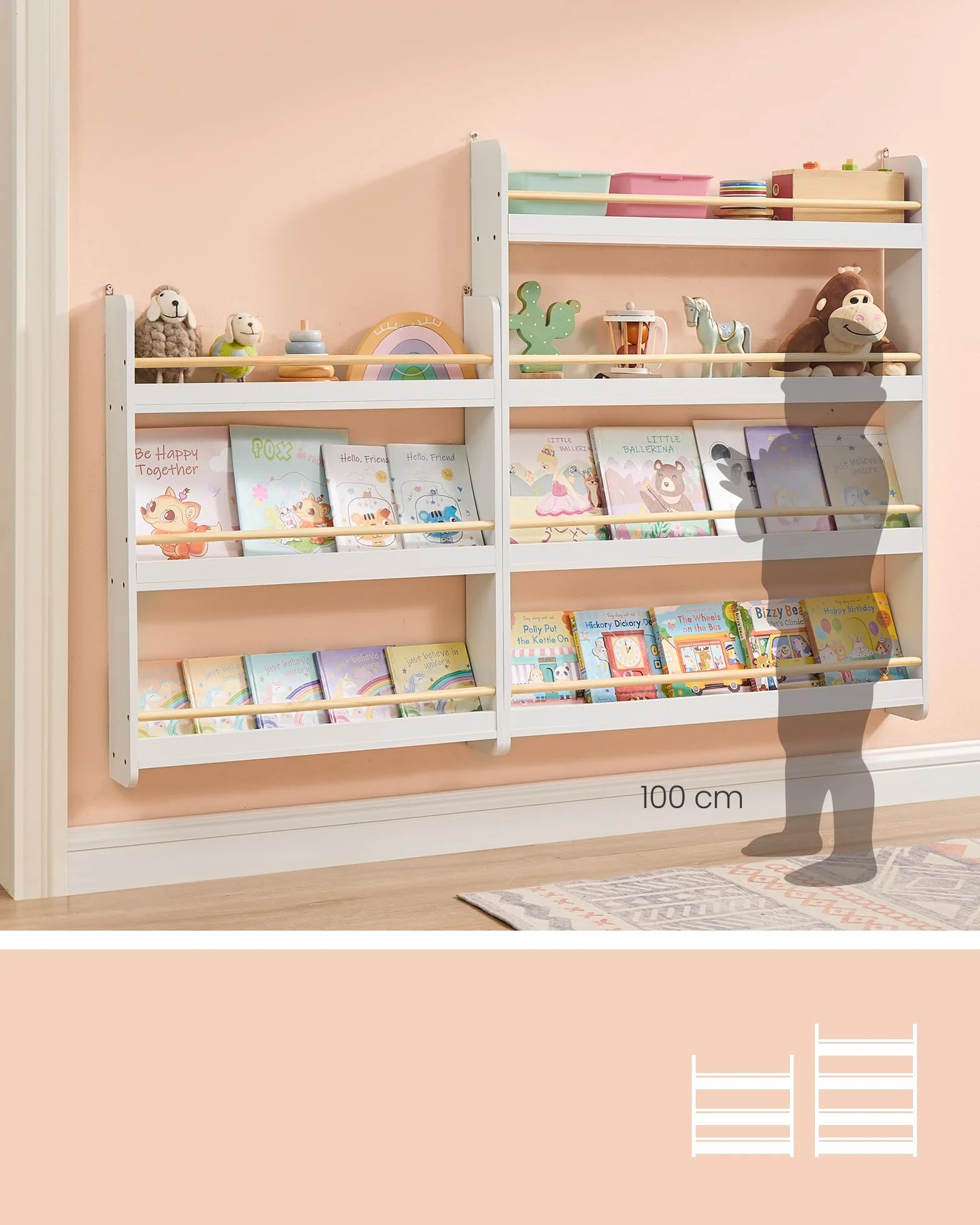 SONGMICS Libreria Montessoriana per Bambini, Scaffale per Giocattoli a 4 Ripiani, Libreria da Parete, Mobile per Cameretta Stanza dei Giochi, Bianco e Naturale GKR014W01
