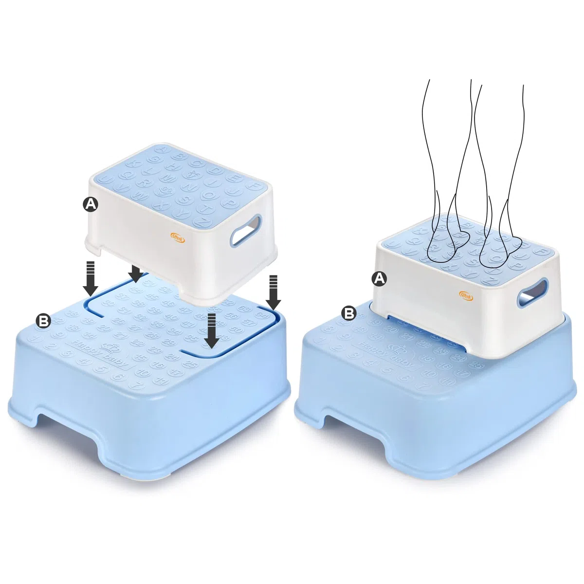 Sgabello a due gradini, antiscivolo sicurezza, staccabile Può essere utilizzato separatamente, Ausilio di presa rialzato per bambini e adulti, Carico massimo100 kg, blu