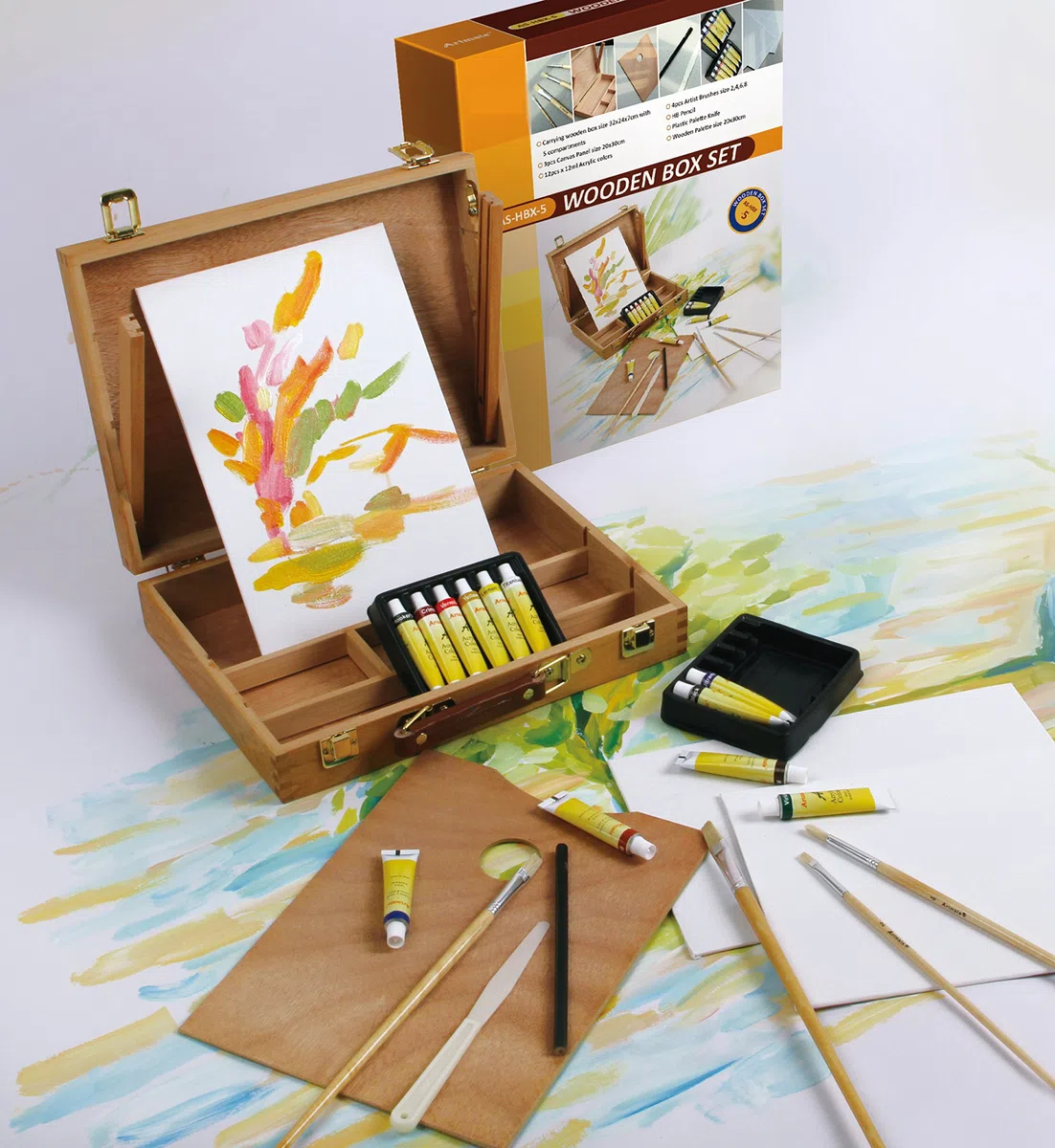Artme Set in legno per pittura e cavalletto di qualità superiore con 23 pezzi-Cavalletto da tavola/ 3 pannelli/12 pittura acrilica/ 4 pennelli/matita/spatola in plastica/tavolozza in legno