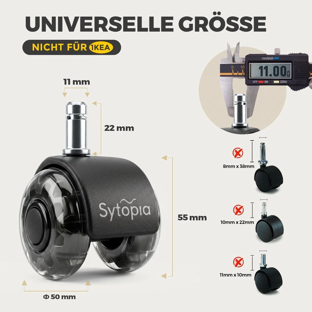 Sytopia Sedia da ufficio, ruote da 11 mm x 22 mm, set da 5 ruote per sedie da ufficio, super silenziose e morbide per pavimenti duri, parquet, moquette, laminato, non sono necessari tappetini