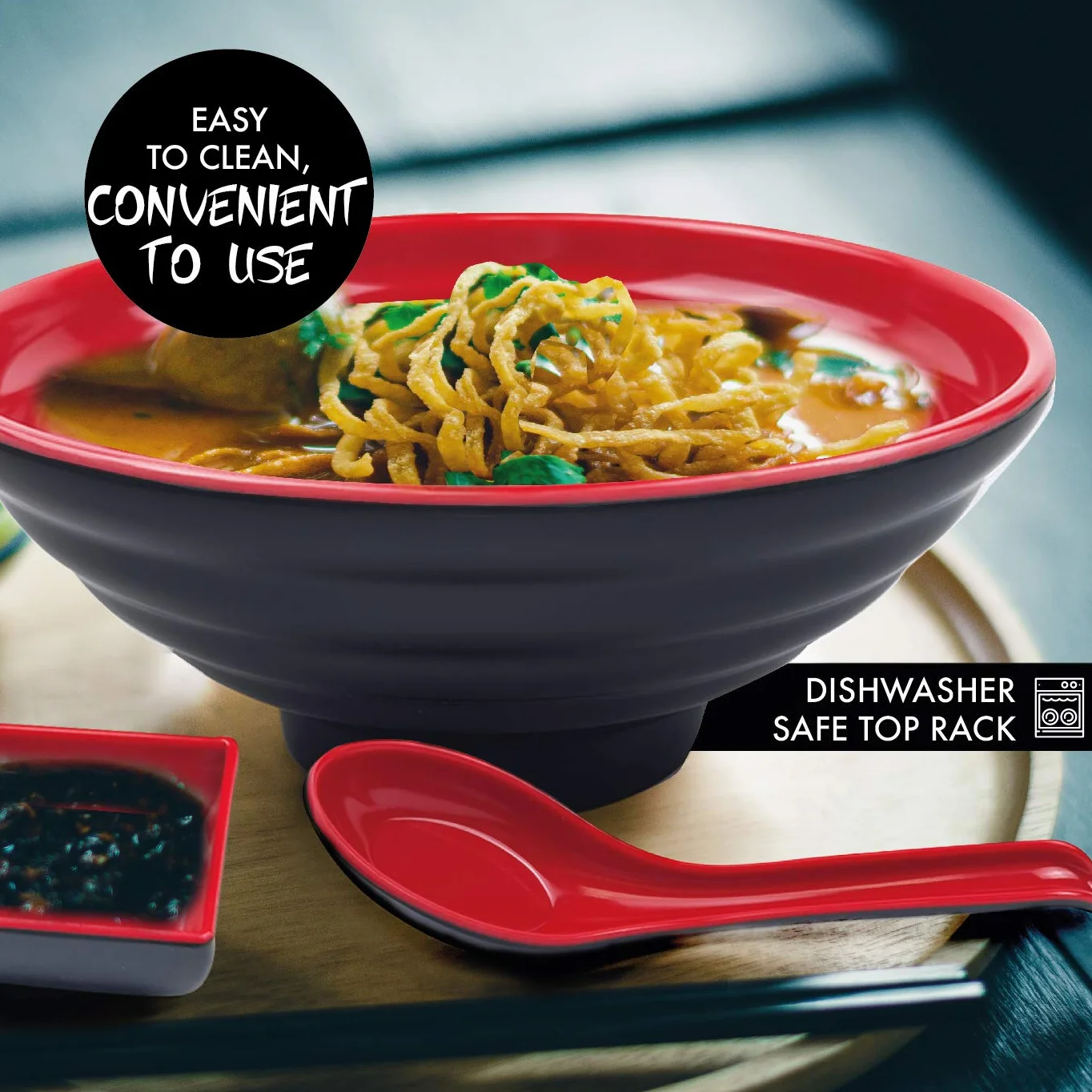 BALIBETOV Ciotole Giapponesi per Ramen Set - Include 4 Ciotola Ramen in Melamina, Bacchette, Cucchiai e Piccolo Piatti Giapponesi per Salsa - Ideale Per Zuppe Asiatica o Pho (Rosso, 4)