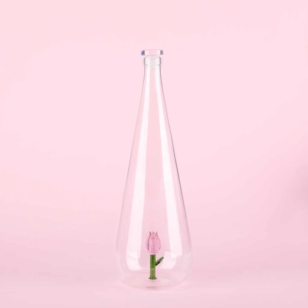 Balvi Bottiglia Botanical Tulip Colore Rosa Fatto a Mano in borosilicato Vetro 1 L