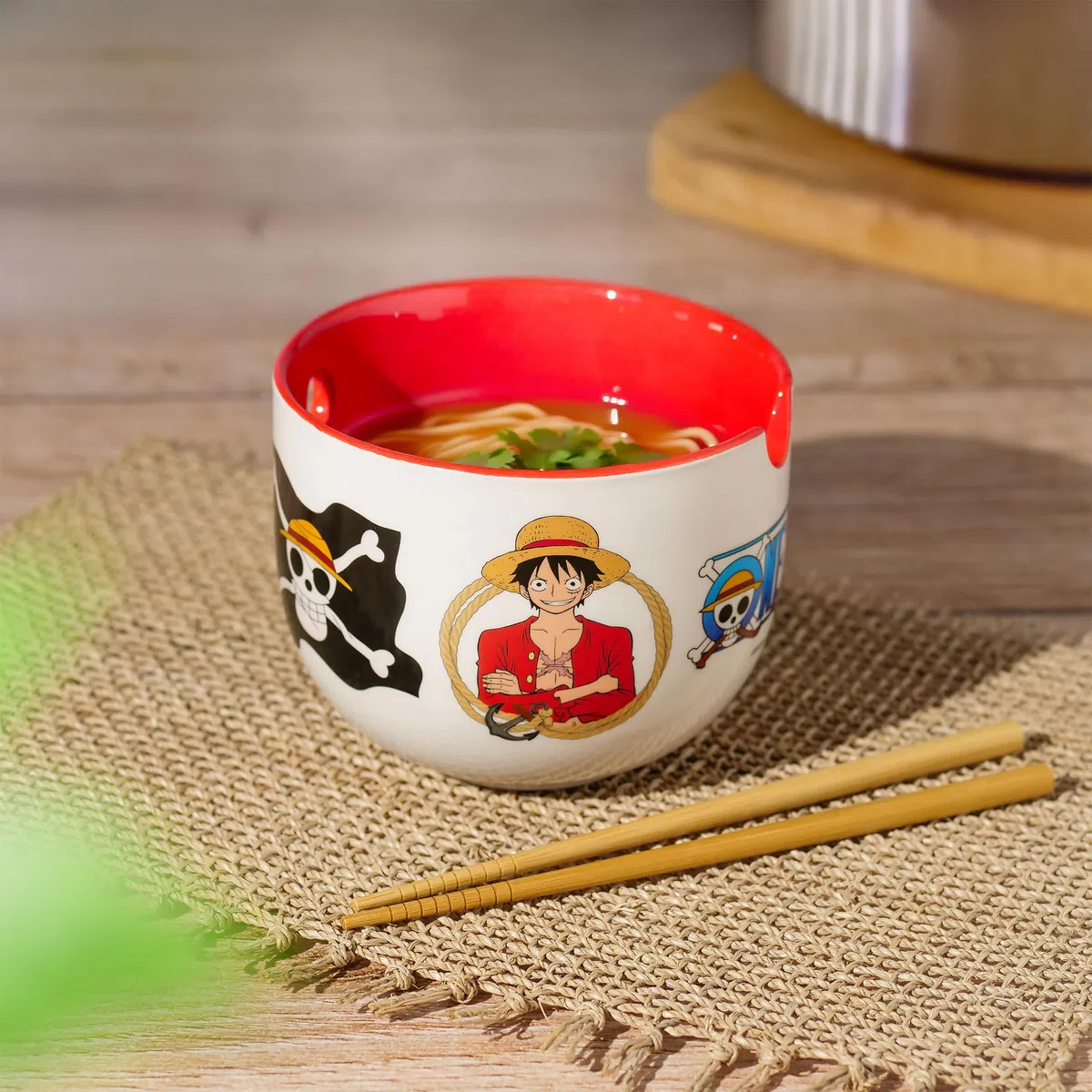 Elbenwald - One Piece - Scimmia D. Luffy ramen, ciotola con bastoncini da cucina 500 ml, ceramica bianca