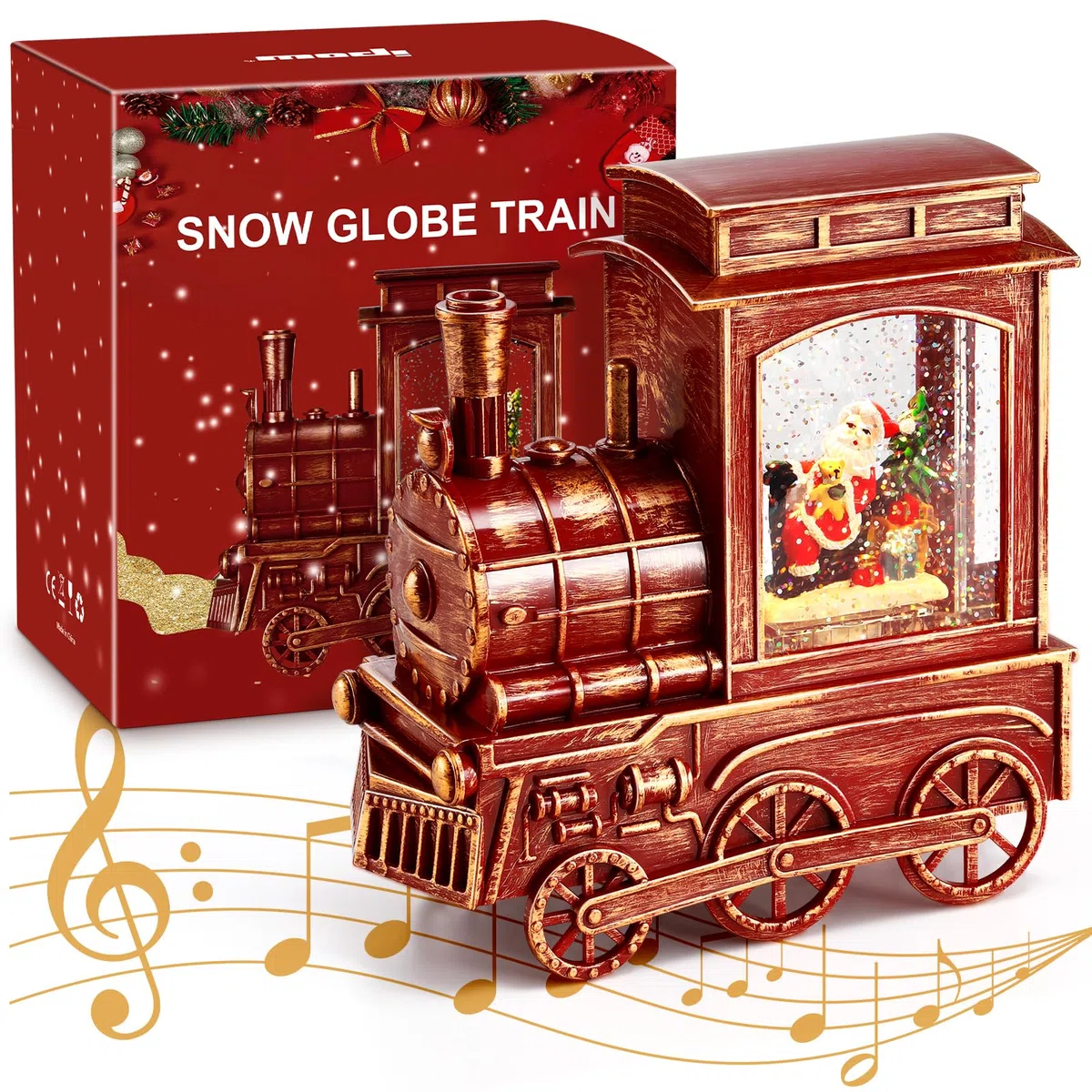 IPOW Lanterna di Babbo Natale a forma di treno con glitter vorticosi d'acqua, musicale e illuminato, timer di 6 ore, alimentato tramite USB e funzionamento a batteria, per Natale, decorazione per la