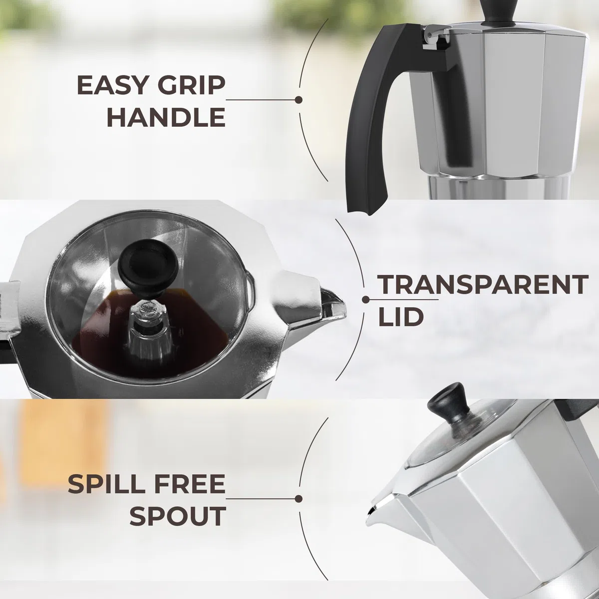 Cafe Du Chateau, caffettiera espresso 6 tazze, moka con coperchio superiore trasparente, finitura lucida, con cucchiaino da caffè