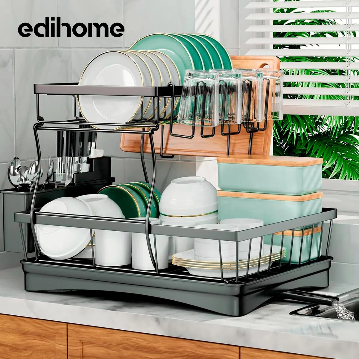 edihome, Scolapiatti da Appoggio, da Lavandino, da Lavello, Gocciolatoio, Scola Piatti, Acciaio Inox, Drying Rack, Ugello Antigoccia e di Drenaggio (2 livello)