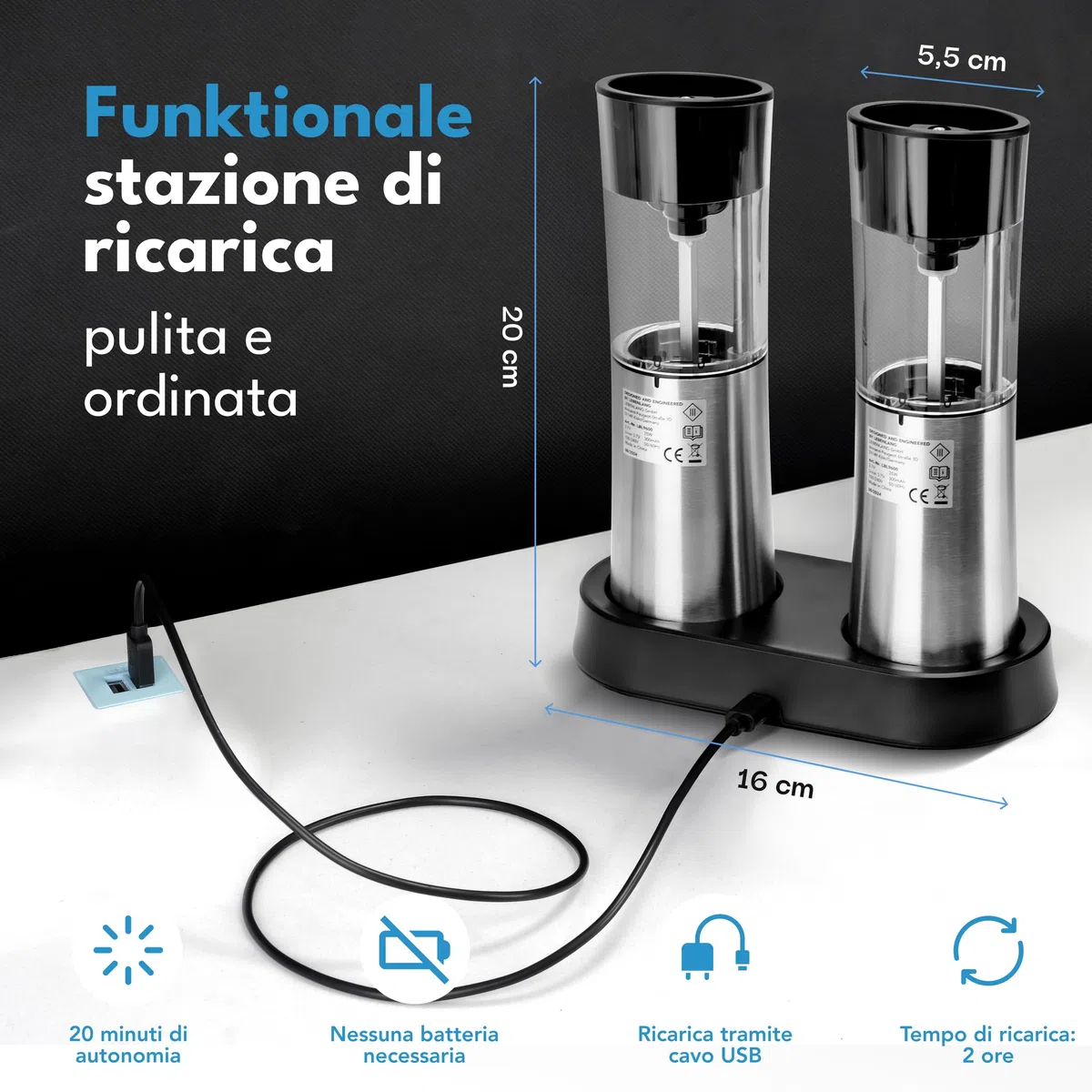 LEBENLANG Macina sale e pepe elettrico - Sensore di inclinazione e ricaricabile I Macinapepe automatico & elettrica I Trita saliera e pepiera Macinasale peperoncino elettrico