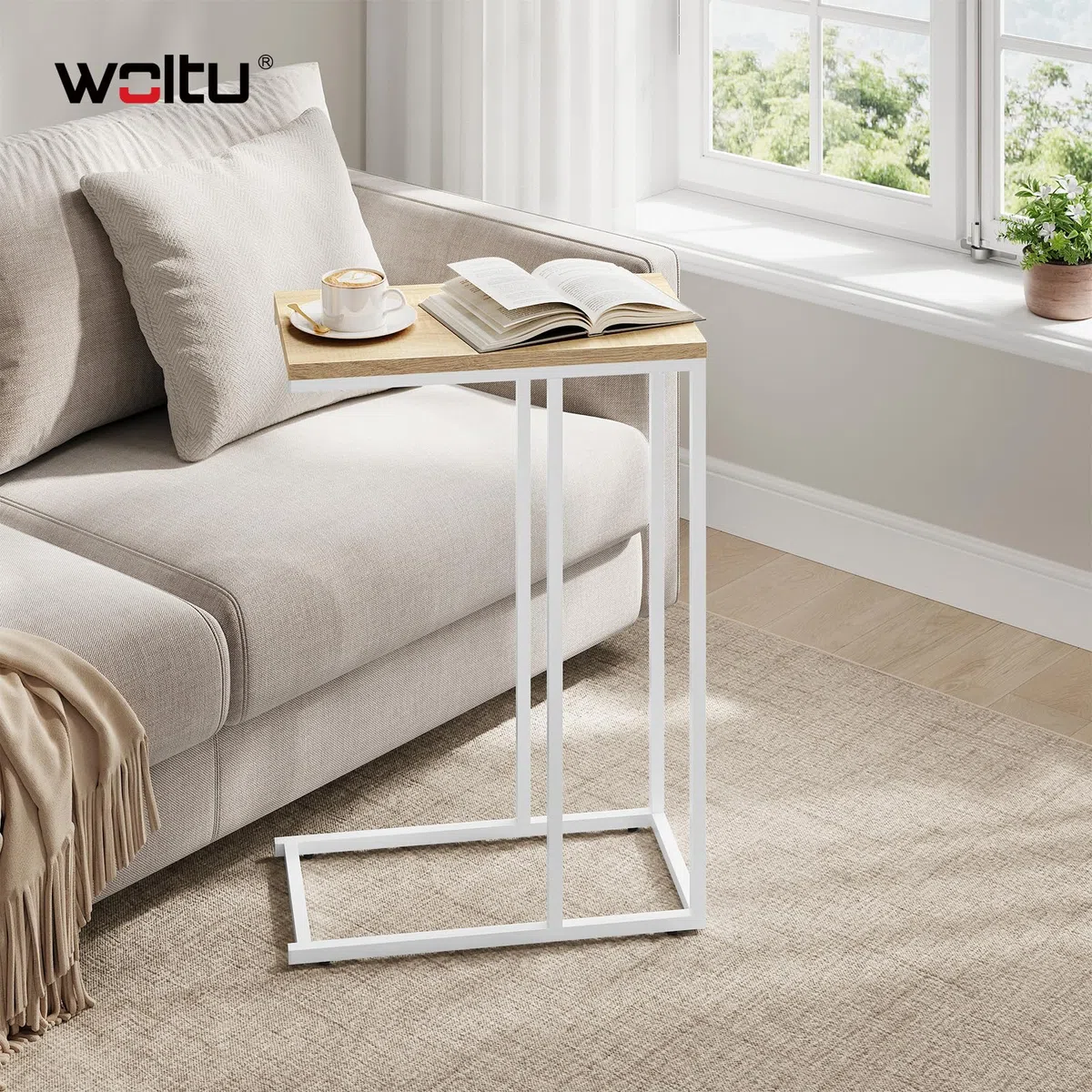 WOLTU Tavolino a Forma di C, Tavolino Compatto con Struttura in Metallo e Piano in Legno Ingegnerizzato, per Divano/Letto/Soggiorno/Camera da Letto, L45xP25xH63,5cm, Rovere chiaro+bianco