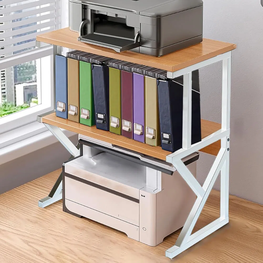 BAKAJI Mensola Porta Stampante Salvaspazio in Acciaio e Legno, Scaffalatura a 2 Ripiani con Piedini Anti Scivolo per Stampanti, Unità di Mensole Supporto da Ufficio Design Industrial (Beige + Bianco)