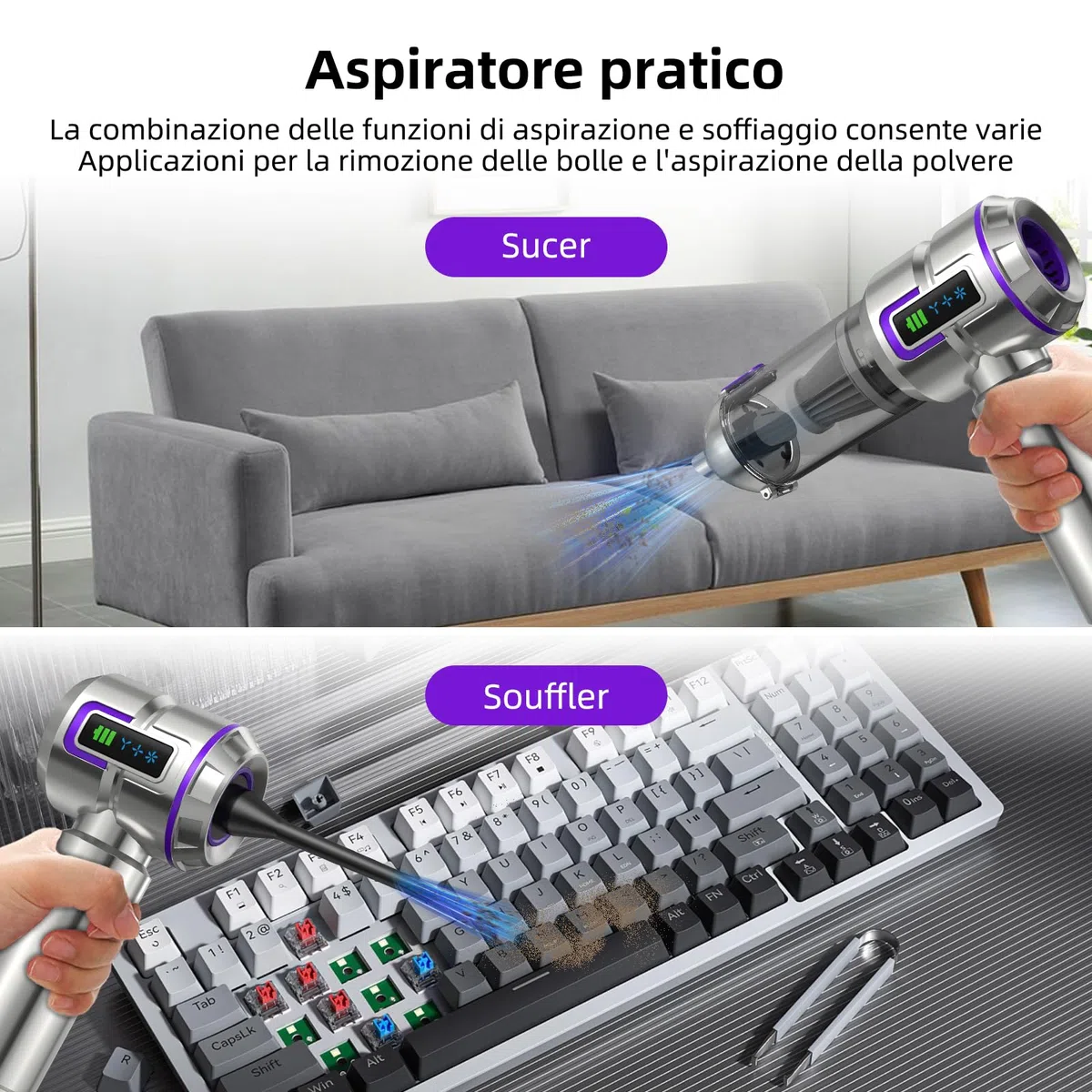 Aspirabriciole Senza Fili, 25000Pa 4-in-1 Aspirapolvere Auto Cordless con Schermo, One-Touch Dust Dump con 3 Velocità Motore Brushless, Mini Aspirapolvere per Casa, Ufficio, Auto, Capelli, Argento